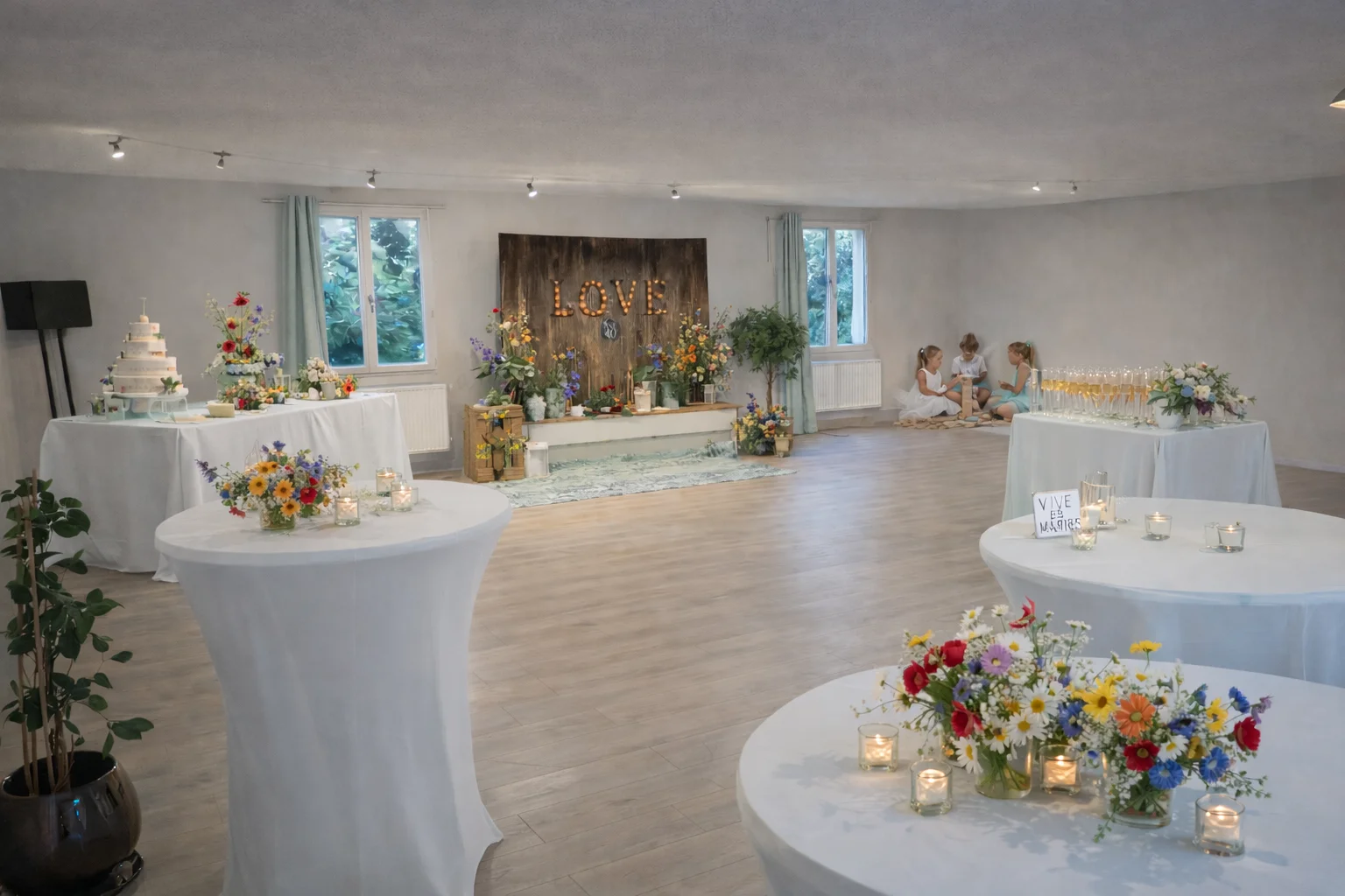 Accueil avec buffet floral lors d'une réception au domaine