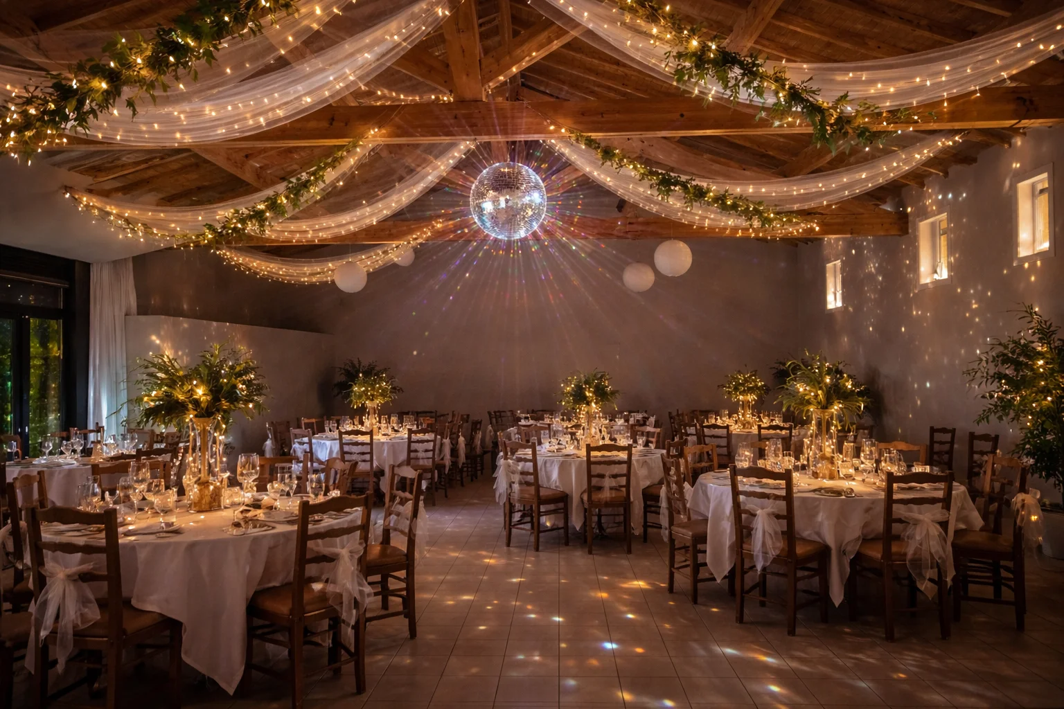 Soirée festive de mariage avec boule à facette